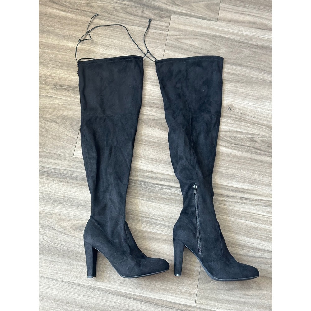 Black Faux Suede Over The Knee Boots Pointed Toe Block Heel Size 10 Drawstring